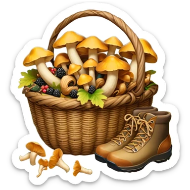 Icon for Mushroom and Berry Tourism: a basket filled with mushrooms chanterelles, boletus and aspen and berries, surrounded by forest elements like trees, leaves and a hiking boots. The icon should capture the joy of foraging in nature. Transparent background. sticker