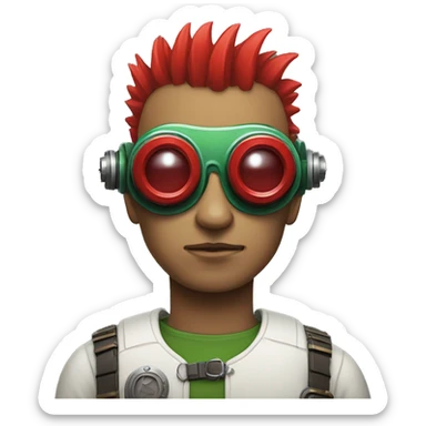 Male cyborg with thin red Mohawk and green steampunk goggles sticker