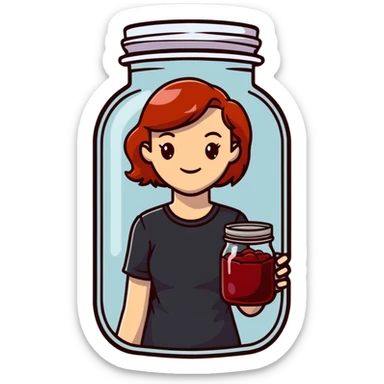redhead woman showing a glass jar with jam at arms length, closeup sticker
