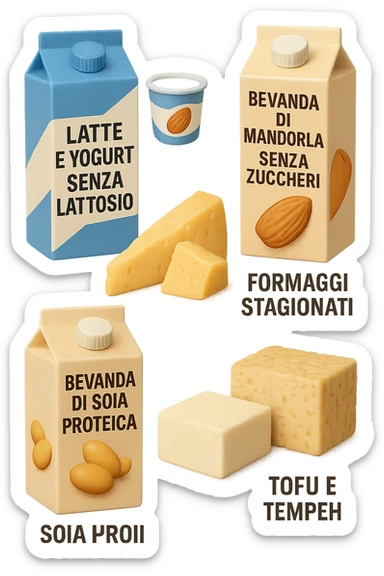 emoji stile iphone 3d di questi elementi che fluttuano in aria:

Latte e yogurt delattosati
Latte di mandorla (non zuccherato)
Latte di soia da proteine isolate
Formaggi stagionati (es. parmigiano)
Tofu compatto e tempeh
 che fluttuano in aria,  le etichette scrivile in italiano, iperealistico 4k sticker