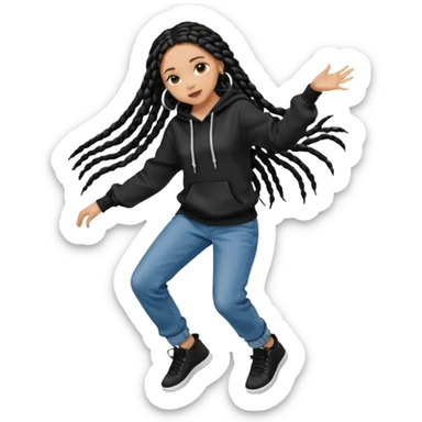 African American light skin girl with long black box braids wearing a plain black hoodie wearing denim jeans and shoes dancing in music video sticker
