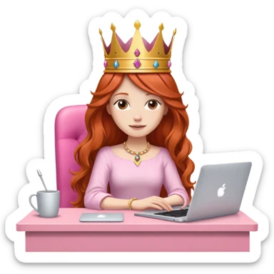 Long haired Redhead with crown on her head sat at the desk with MacBook and pink desk chair  sticker