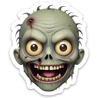 Cinematic Comical Zombie Portrait Emoji, with a grotesquely exaggerated yet playful decaying face in muted ashen tones, head cocked in a dramatically shocked expression with wildly comical, googly eyes and a gaping, silly grin revealing quirky stitches, simplified yet hilariously expressive, highly detailed with a soft eerie glowing outline capturing the absurd humor of a zombie in comic disbelief! sticker