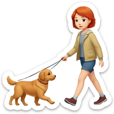 A red short-haired girl walking a golden retriever sticker