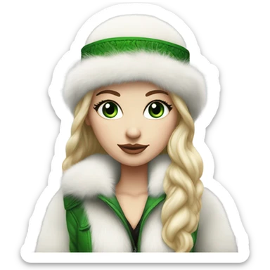 Realistic White girl with Long straight blonde hair, green eyes, tattoos, full body wearing white fur coat and fur hat sticker