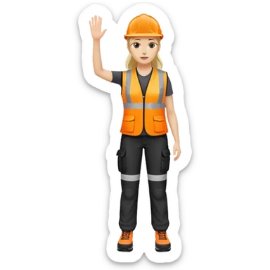 female, orange, hi-vis vest, dark trousers, no helmet, shoes, hand raised sticker