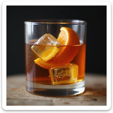 realistic old fashioned cocktail in a glass with orange twist, ice, photorealistic style, transparent background sticker