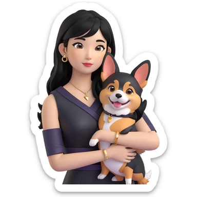 expressive emoji of an Asian girl with long black hair with wispy deep side-parted bangs, false lashes, a 3/4th sleeve tattoo on her left arm, wearing a black sleeveless leather dress with gold earrings, hugging a silly tri-color Corgi, simple emoji-like, 3D emoji style sticker