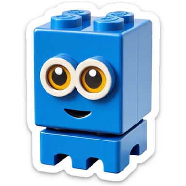 A bright blue Lego building block with big eyes and a happy expression sticker