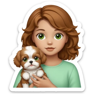 cachorro shihtzu caramelo e branco, no colo de uma menina de cabelo cacheado castanho com mechas claras e olhos verdes. sticker