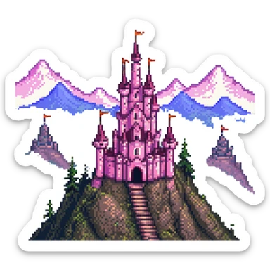 charming pink castle with towers on a mountain peak, pixel art, adorable and intricate, bright and cheerful, fantasy setting sticker
