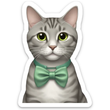 Aesthetic fat grey tabby British short hair full body cat with sage green bow tie sticker