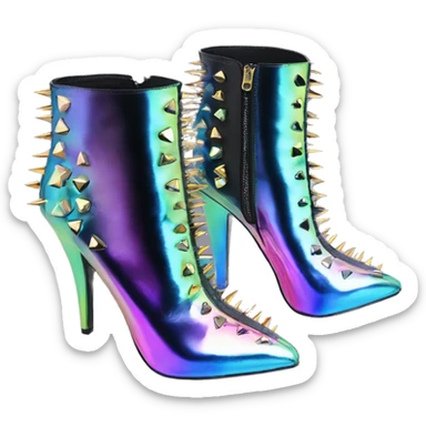 Realistic isolated top front view of a pair of Iridescent ombre studded spike heel ankle bootie boots.  sticker