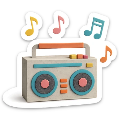 paper-craft style boombox with colorful musical notes floating around sticker