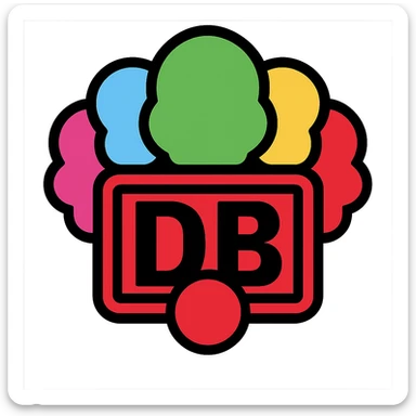 Edit the Deutsche Bahn logo to have a colorful clown hairstyle and a red nose, without a bow tie. The image should be clear, humorous, and suitable as an icon with a transparent background. sticker