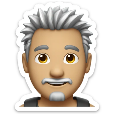smiling man with spikey dark hair and a silver goatee sticker
