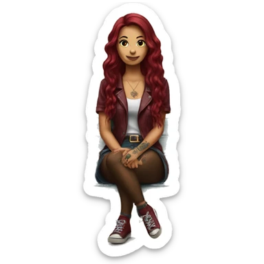 Beautiful tattooed burgundy long haired woman sitting on a bench sticker