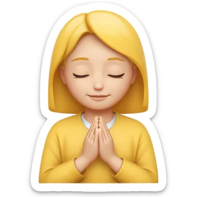 A 3D Apple-style yellow round emoji, calm and patient expression, closed eyes with a gentle smile, hands together in front as if waiting or praying, soft relaxed eyebrows, subtle glow around the head to symbolize patience, clean minimal background sticker