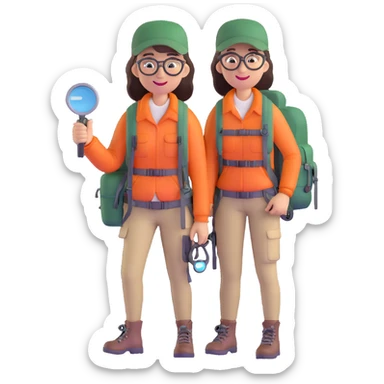 Happy female explorer with glasses, hiking outfit, backpack, holding a single magnifying glass sticker