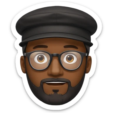 a dark guy with a goate and not bushy mustache and a beard and a cap worn backwards black too wearing glasses sticker