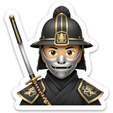 Samurai with helmet and a detailed mask covering their mouth and they are drawing out their sword sticker