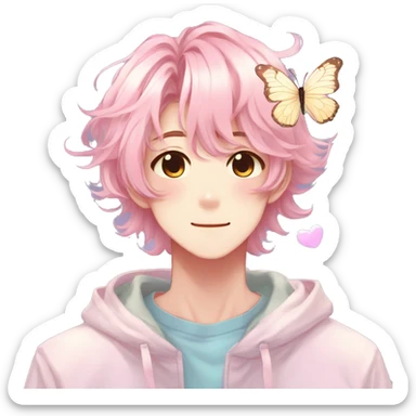 Gorgeous colorful shiny pastel anime style shojo man with blushing face and butterflies aesthetic and pretty hair trending style sticker