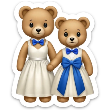 Teddy bear wearing white wedding dress holding the hand to another teddy bear wearing a big royal blue bow tie. The one with the white dress has no bows sticker