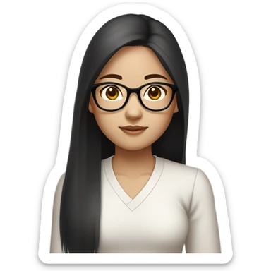 a medium skin tone korean girl with black straight long hair and clear round glasses sticker