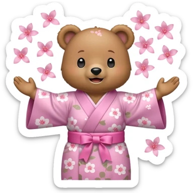 A cute light-brown bear wearing a pastel pink sakura-patterned kimono with a small ribbon on the back, normal balanced head and body ratio, joyful excited expression with sparkling round eyes and a wide happy smile, arms raised in excitement, a few pink sakura petals floating around sticker