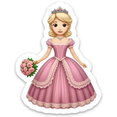 An emoji portrait of a Victorian princess. She is wearing an elaborate crinoline ball gown with intricate lace trim and ribbons. She wears a tiara on her head, and her expression is poised and proper. She is holding a small bouquet of flowers. sticker