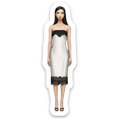 Realistic isolated black silk strapless straight dress straight neck with minimal white lace sticker