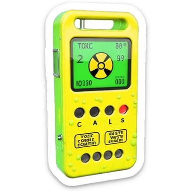 3D render of Geiger Counte, toxic waste aesthetic, neon green bubbling liquid, caution yellow metal, industrial warning texture. sticker