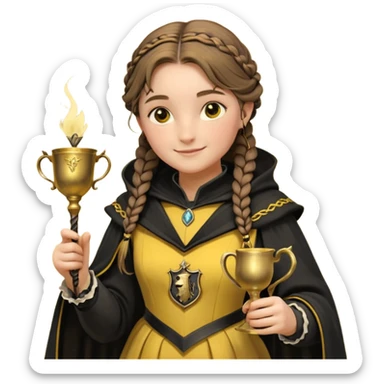 Helga Hufflepuff,the Hogwarts founder of Hufflepuff,brown-haired,2braids,yellow-black medieval dress with black cloak decorated with gold braiding,flickering magic wand and tiny two-handled shiny gold cup engraved with the badger silhouette,very kind smile,curvy busty sweet sticker