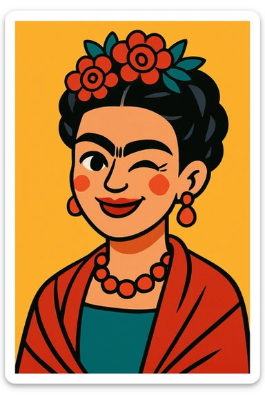 portrait vibrant de Frida Kahlo souriante qui fait un clin d'œil, couleurs vives, fond simple sticker