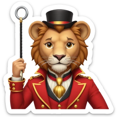 circus lion tamer portrait, head and shoulders only, red ringmaster jacket collar, confident strong look, whip handle visible, 3D cartoon, mobile game icon style, clean background, no text, no watermark
 sticker