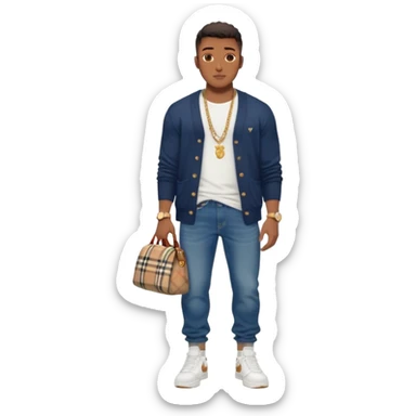 Handsome Black guy with brown skin tone, with muscular build, wearing long baggy dark denim jeans, a white t-shirt, a Burberry cardigan, white Nike sneakers, a gold watch, and a dainty chain sticker
