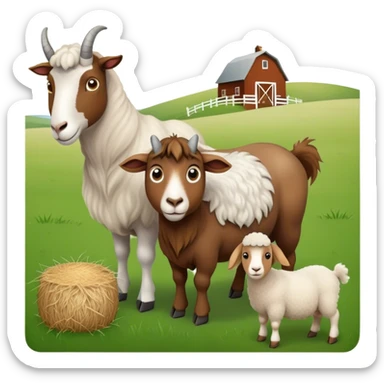 Icon for Domestic Hooved Animals: A gentle collage featuring a brown goat with large, curious eyes, a calm sheep with soft wool and a horse with a flowing mane. Background with a green pasture and a few hay bales. Transparent background. sticker