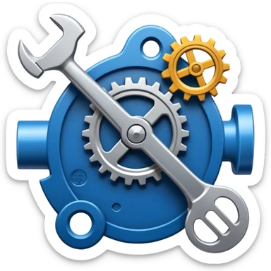 An icon featuring a wrench, gears, and a blueprint, symbolizing engineering. The design includes a circuit board, a hammer, and a compass, representing the creation and innovation of machines, structures, and technology. Transparent background sticker