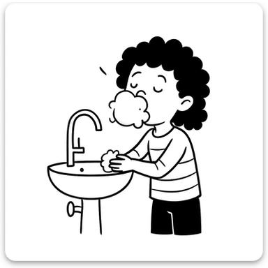 Edit the image of a girl washing her face with bubbles, curly hair, same style as the original. sticker