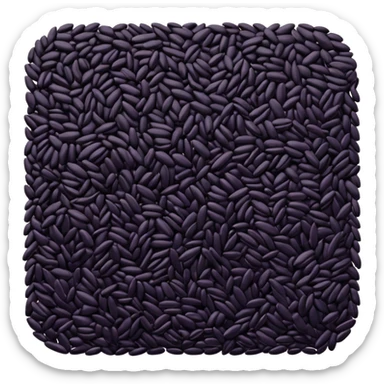loose scatter of uncooked black rice grains, glossy elongated shape, deep purplish-black color, smooth slightly curved surface, subtle natural variations in tone, soft lighting, subtle shadows, emoji scale sticker