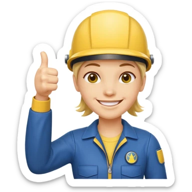 cheerful Vault Dweller in classic blue-and-yellow jumpsuit, smiling and giving a thumbs up sticker