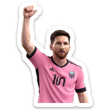 Lionel Messi in a Miami soccer kit, celebrating a goal, arms raised, pink and black jersey sticker