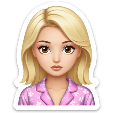 blonde model with brown eyes, luxury makeup, pajamas sticker