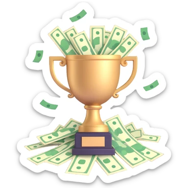 highly-detailed, realistic 3D icon of a large trophy overflowing with cash and dollar bills, bright lighting, transparent background sticker