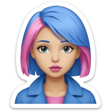 Make a girl with medium dirty blonde hair with an under coat of blue hair, add pink soft lips, lashes and  a tan skin tone sticker
