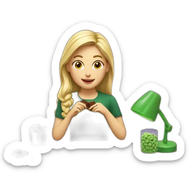 Girl with blonde hair sitting at a desk wrapping chocolate candies with solid green background sticker