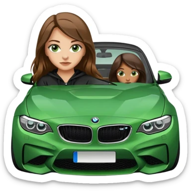 Beautiful Caucasian girl with green eyes and long brown hair realistic girl straddling sitting on the hood of BMW M2 car sticker