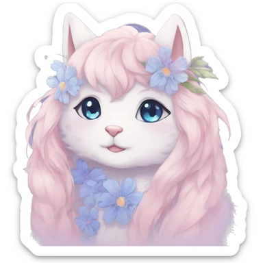 Anthro Cute Cool Blushing Pastel Innocent Shy Kawaii gorgeous sparkly ethereal fantasy anime animal creature with blue eyes furry sona with flowers and ribbons beautiful aesthetic sticker