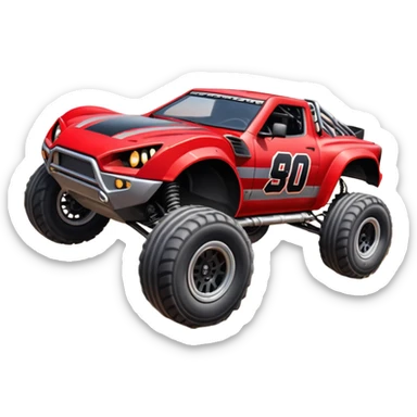 Satan’s (post race) cabaret wide-body Dirty and dented Local Motors Rally Fighter off road race car hot rod trophy truck-style flying turning a tight corner (silver wheels) sticker