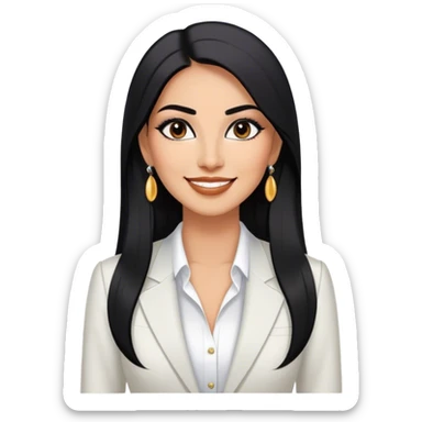 beautiful fit tall woman boss, with long straight black hair, with make up, black eye liner, smile, mexican, brown skin, wearing beautiful profesional outfit and white earings sticker
